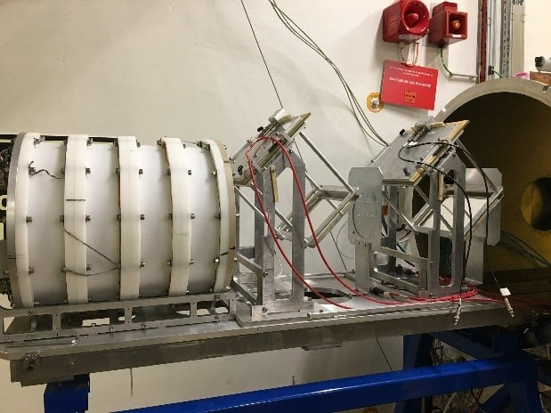 FALSTAFF spectrometer at NFS showing time-of-flight arms, detector planes, and coincidence measurement setup
